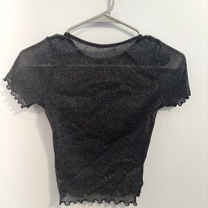 Size M sparkly black mesh sheer crop top! Hollister lettuce leaf hems.
